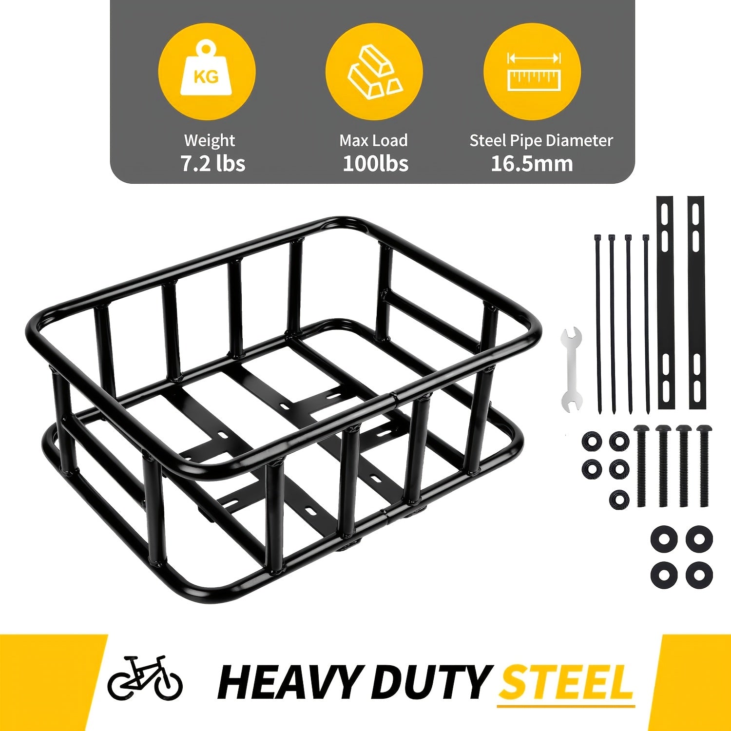 Rear Bike Basket Heavy Duty Iron Large Removable Folding, Bicycle Rear Mount Basket for Most Bikes & Ebikes, Black Frame Cargo Basket for Groceries Vegetables Pets, Commuter Cycling Accessory