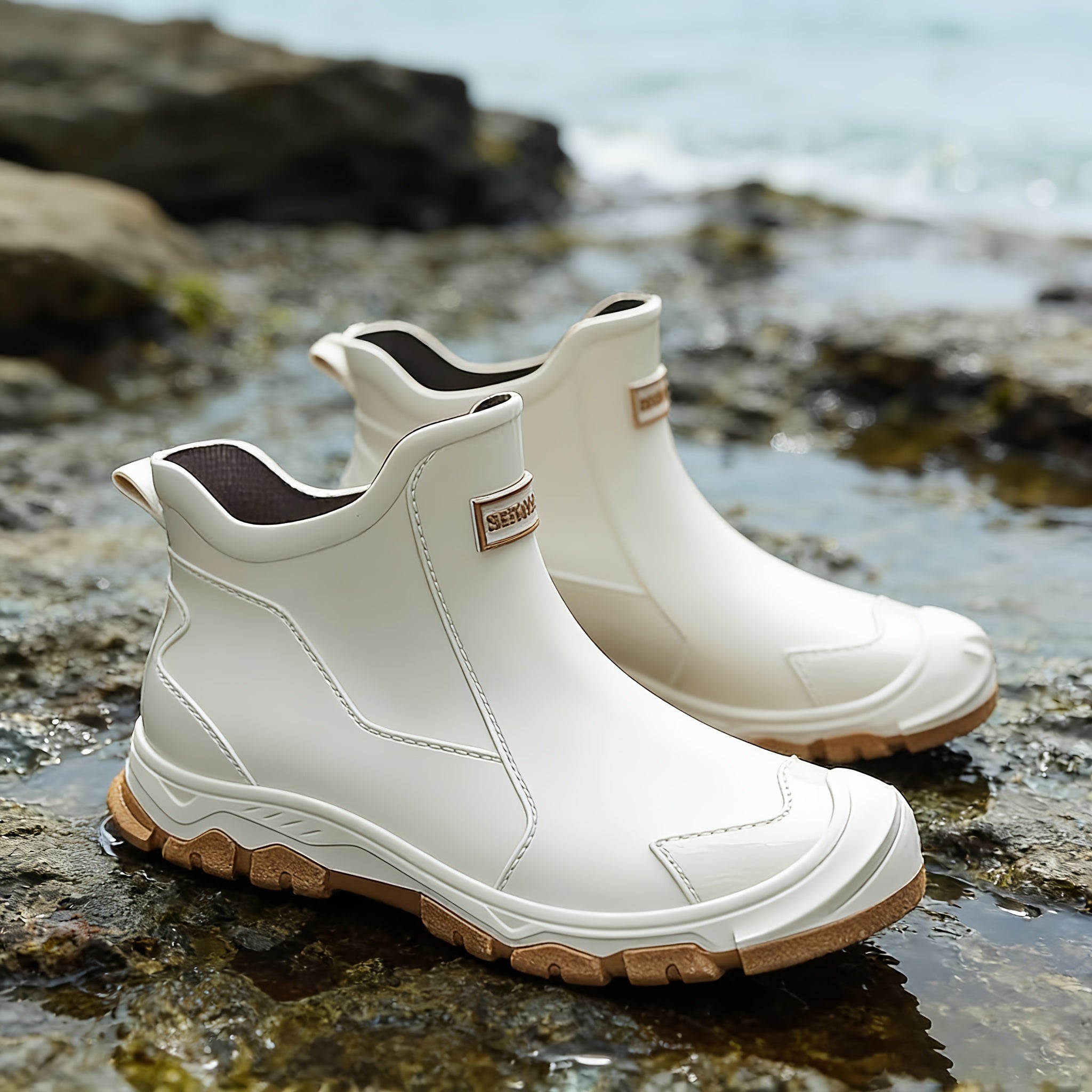 Non-Slip Rain Boots Short Ankle – Lightweight Waterproof Outdoor Boots, Cushioned Insole, Breathable Lining, Textured Sole for Car Wash, Hiking & Outdoor Activities | Unisex | Black, Beige | US 5.5–12
