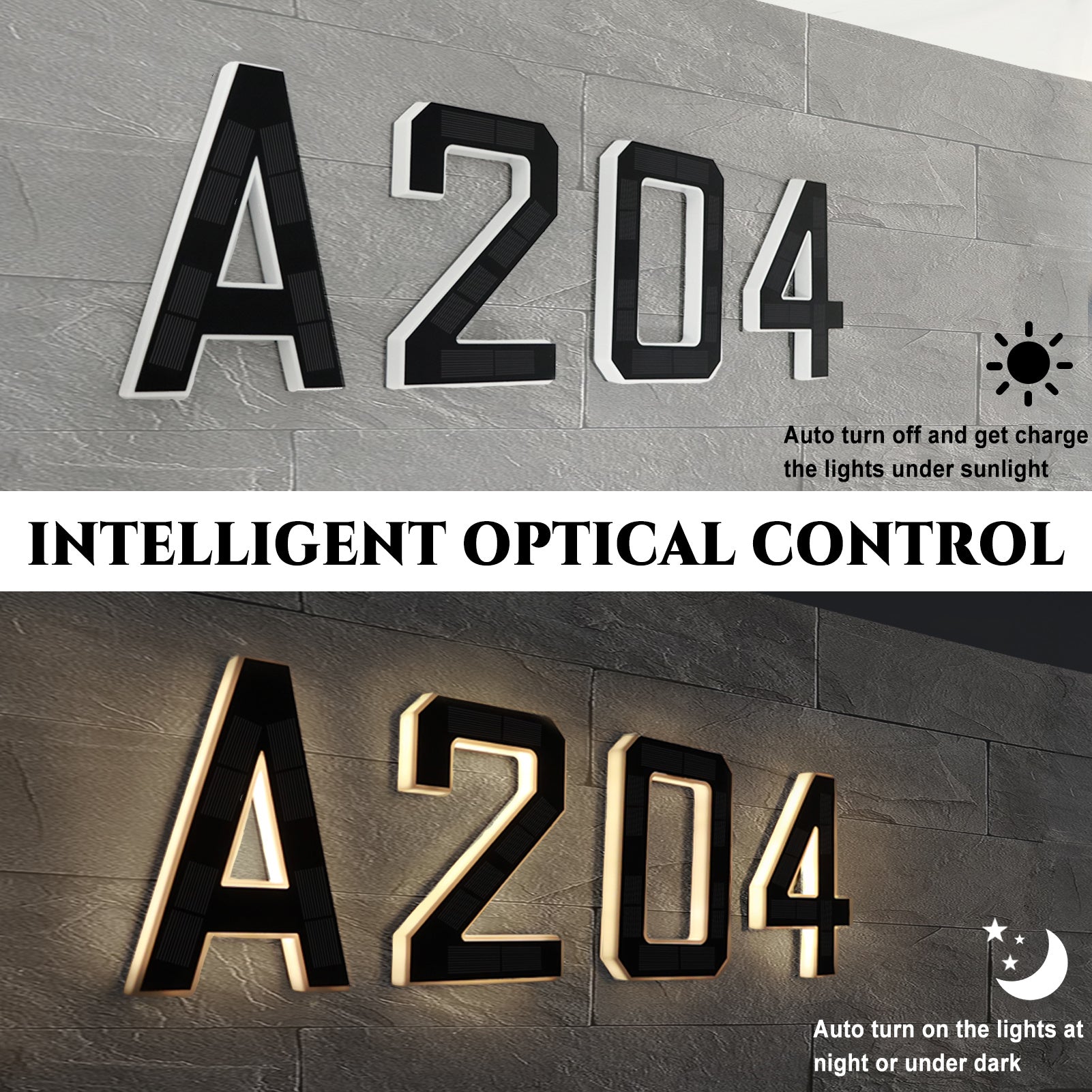 9 Inch Solar Lighted House Numbers for Outside - IP44 Waterproof, Auto Light Sensor, 9hr Illumination, Modern Exterior Address Sign, Numbers 0-9 & Letters A-D
