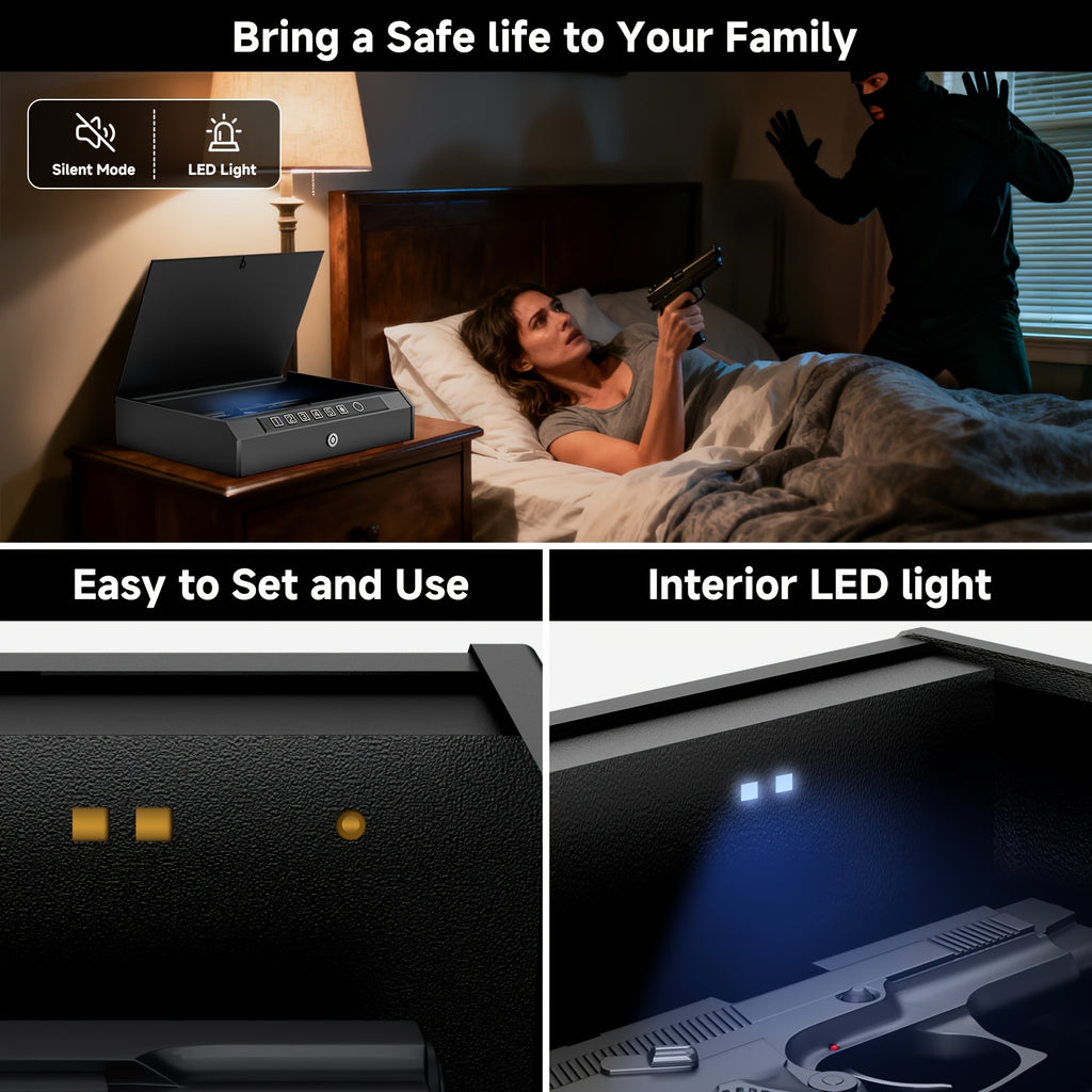 Biometric Gun Safe 3-Way Unlock – Fingerprint Digital PIN & Key Pistol Lock Box with Internal Light Silent Mode Emergency Power for Home Bedroom Nightstand Car