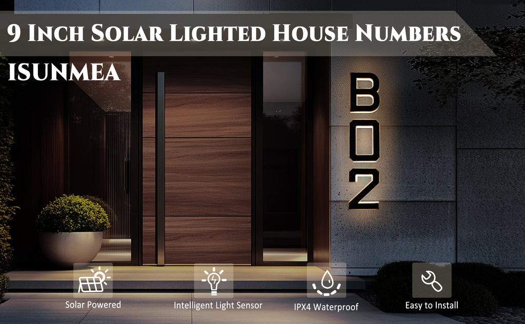 9 Inch Solar Lighted House Numbers for Outside - IP44 Waterproof, Auto Light Sensor, 9hr Illumination, Modern Exterior Address Sign, Numbers 0-9 & Letters A-D