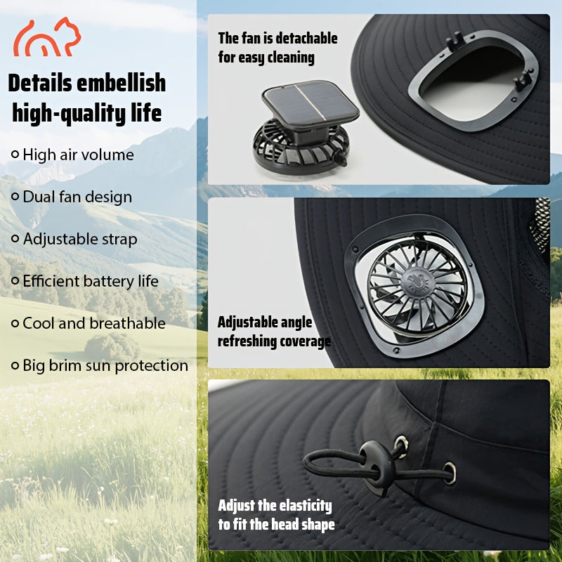 USB Rechargeable Dual Fan Hat Solar Sun Cap with Adjustable Strap Powerful Airflow Long Battery Life Cooling Hat for Fishing Hiking Camping Gardening Outdoor Activities