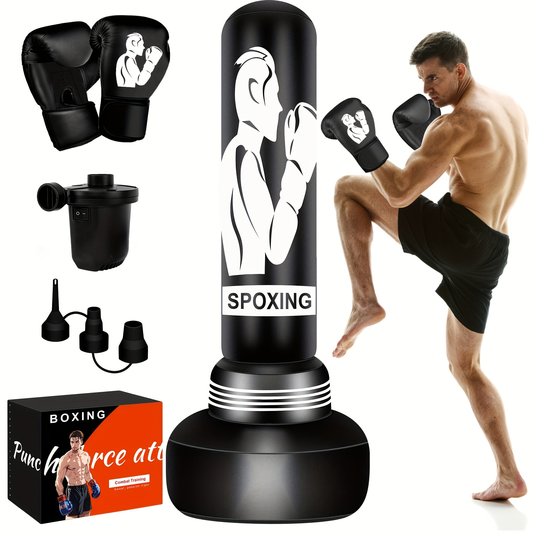 Freestanding Punching Bag with Stand 70 Inch Heavy Boxing Bag with Boxing Gloves Electric Air Pump Inflatable Training Bag for Adults Men Women Teens MMA Muay Thai Fitness Home Gym