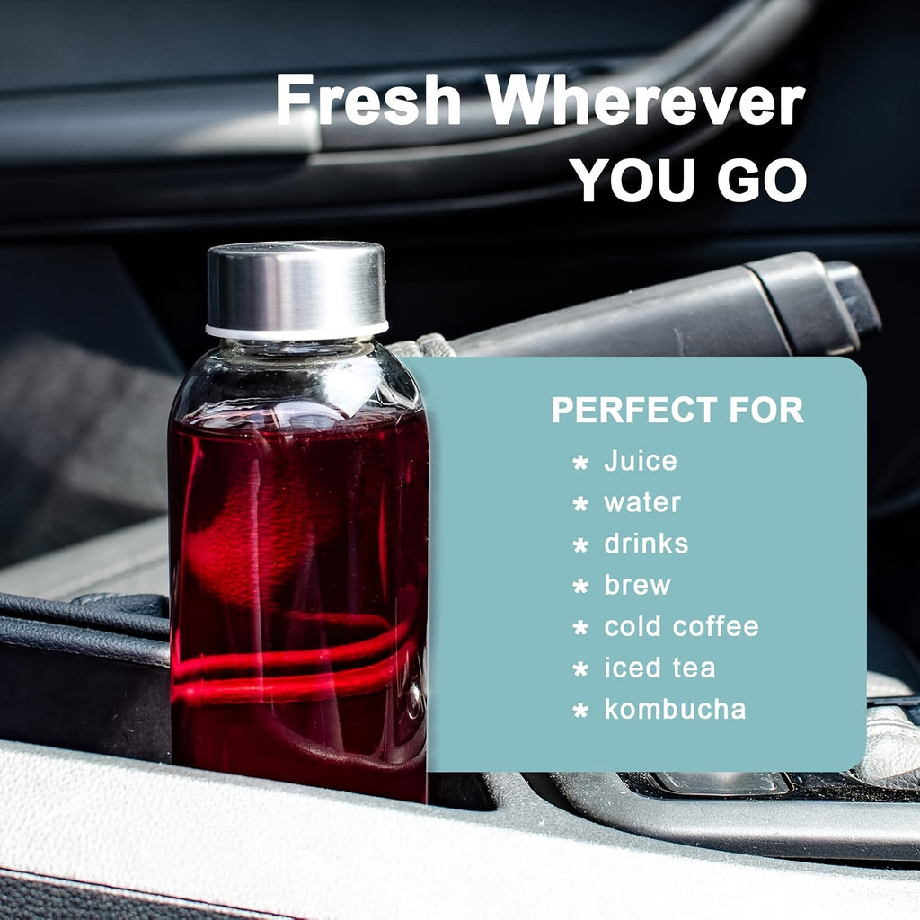 Glass Water Bottles 6 Pack 18oz with Stainless Steel Lids, Reusable Leak Proof Juice Bottles for Refrigerator Smoothies Beverages, BPA Free Glass Juicing Bottles with Cleaning Brush & Funnel