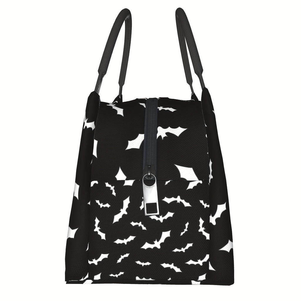 Bat Print Insulated Lunch Bag Cooler 11x6.5x7 In – Reusable Polyester Thermal Tote with Black Handles for Halloween School Office Camping Picnic Beach