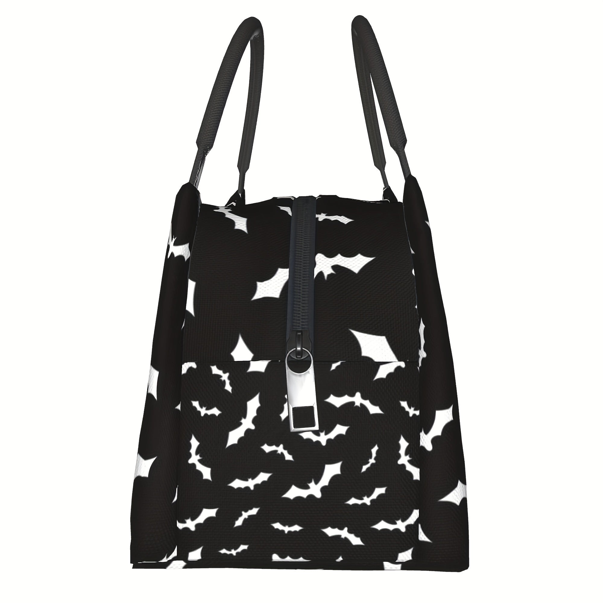 Bat Print Insulated Lunch Bag Cooler 11x6.5x7 In – Reusable Polyester Thermal Tote with Black Handles for Halloween School Office Camping Picnic Beach