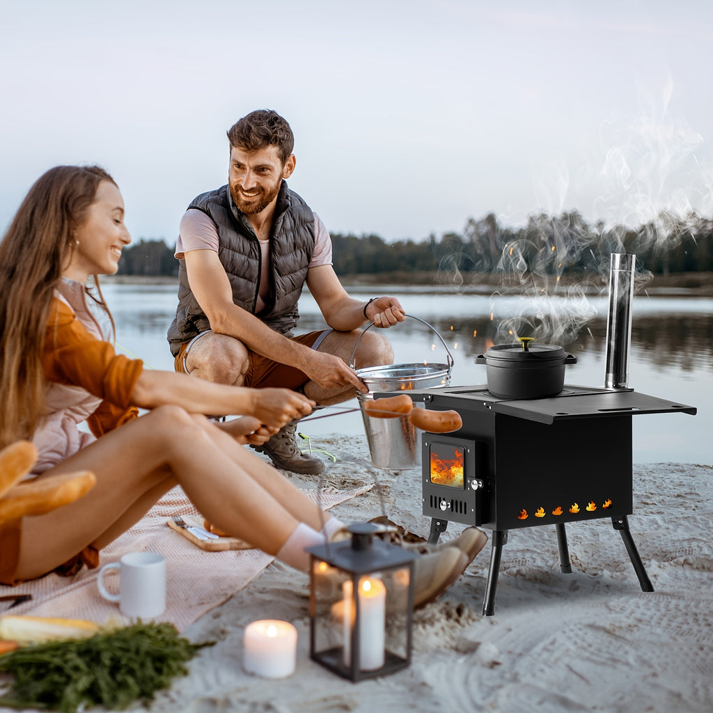 Wood Burning Camping Stove with Chimney Portable Foldable Carbon Steel Tent Stove for Camping Hunting Ice Fishing Backpacking Outdoor Heating Cooking