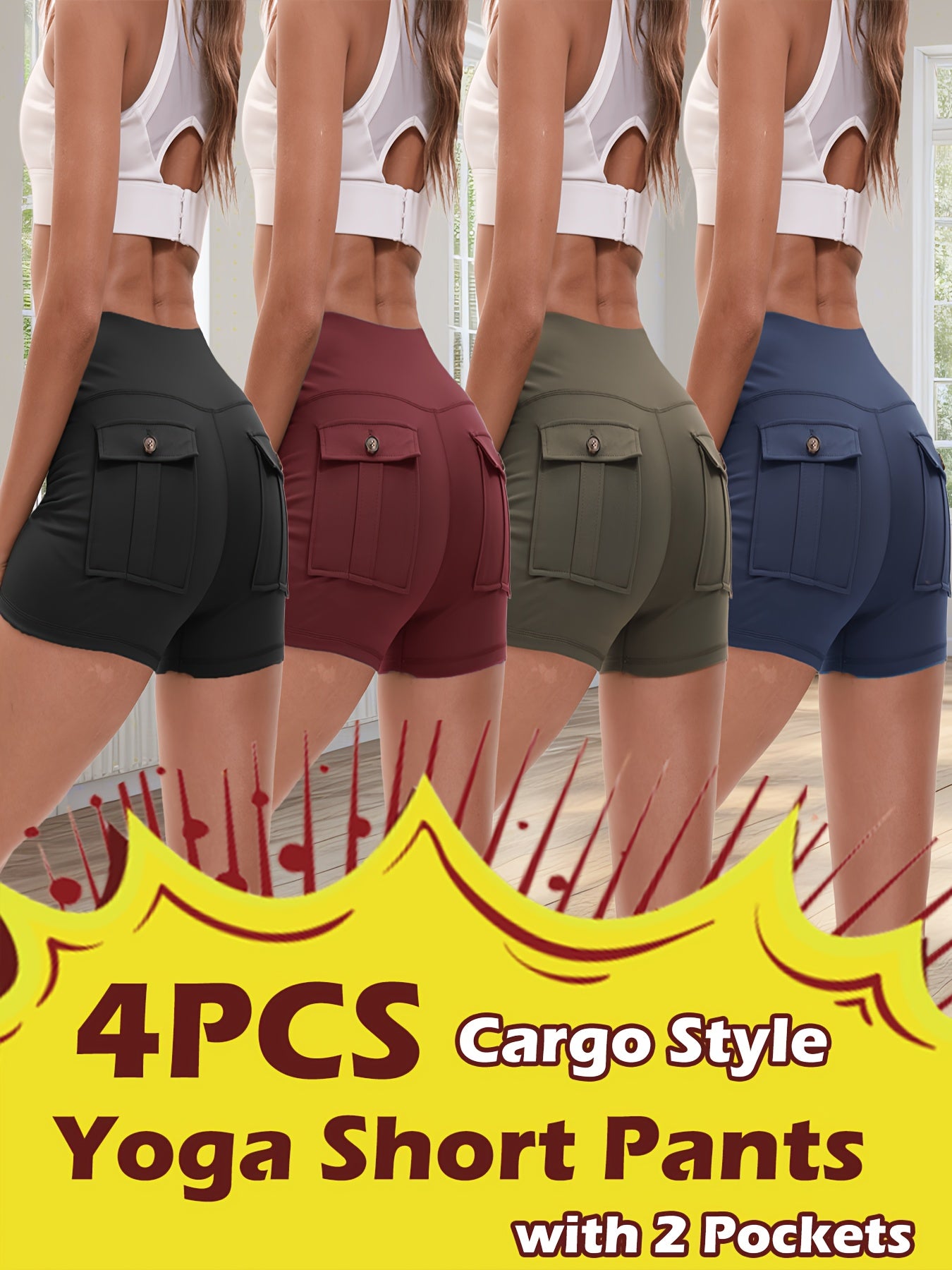 Women's 4-Pack Workout Shorts Set - Cargo & Yoga Shorts with Hip Lifting Shaping, High-Stretch Elastic Waist, Quick-Dry Fabric, Pockets, S-XXL Activewear Bundle