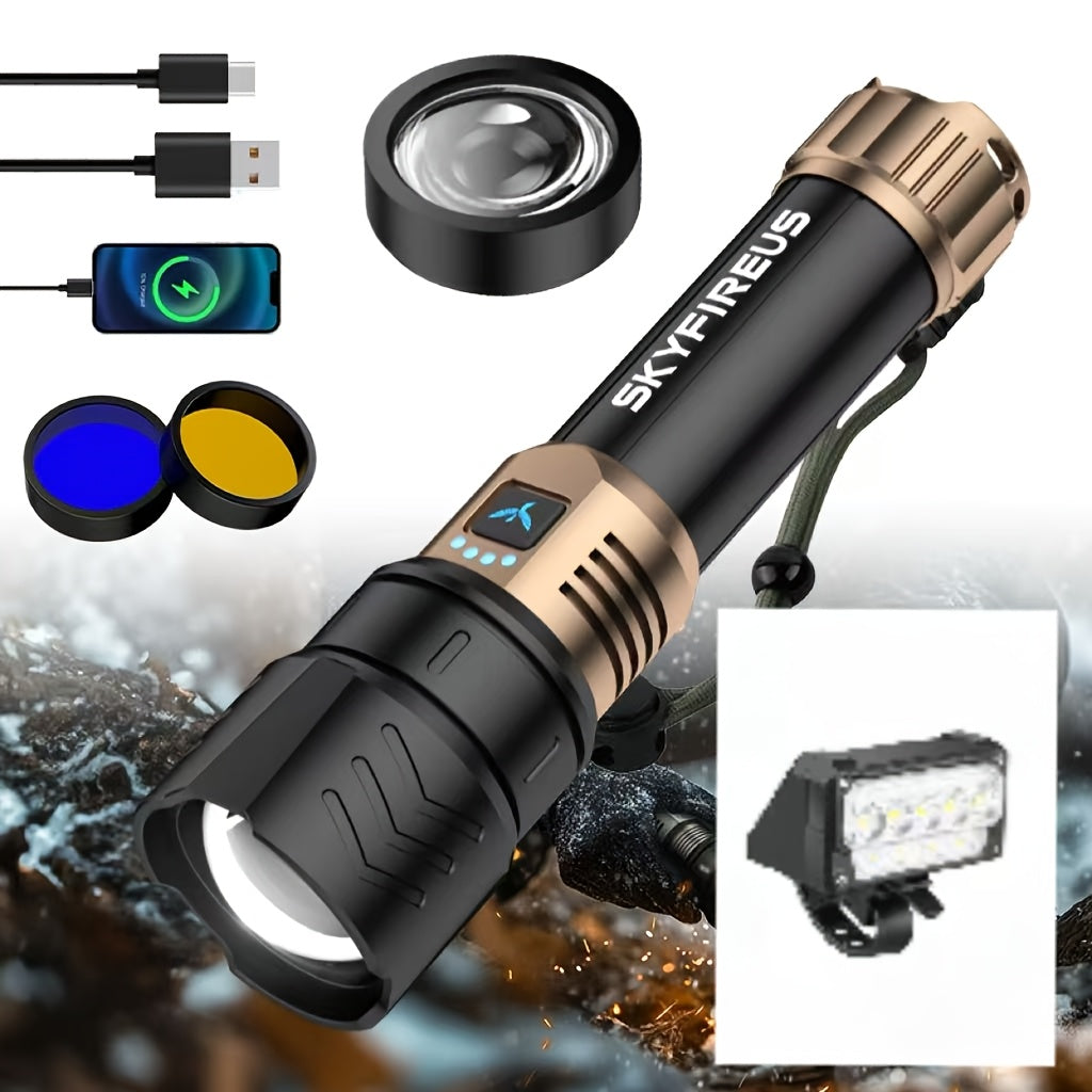 LED Flashlight 5000+ Lumen Super Bright Rechargeable with Ignition Lens Adjustable Focus 4 Modes for Camping Outdoor Farm Emergency Family Use