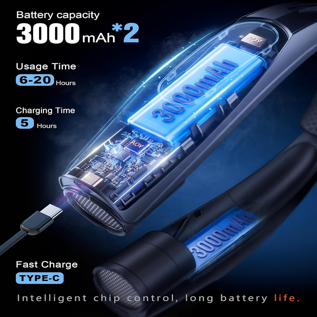 Portable Neck Fan Hands Free Wearable Personal Fan 3000mAh USB Rechargeable 6 Adjustable Speeds Cooling Fan for Camping Outdoor Office Travel Home Black White