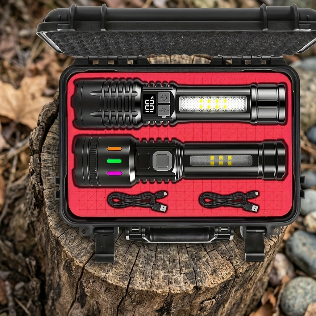 2-Pack Rechargeable LED Flashlight Combo – High Power Tactical Flashlight with COB Side Light, Telescopic Zoom & USB-C Charging for Camping, Hiking, Biking & Emergencies