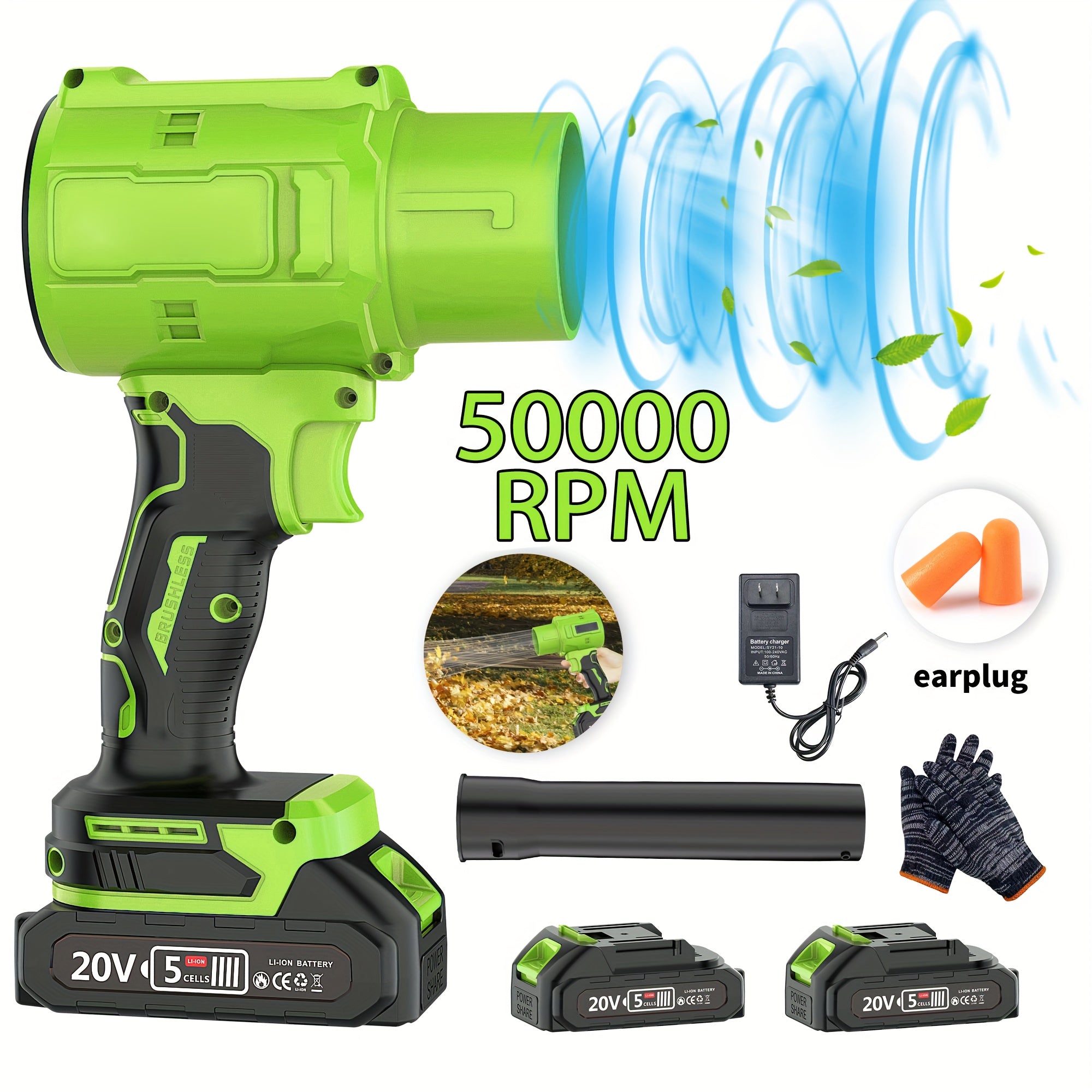 Cordless Leaf Blower 20V 50000RPM – Turbo Air Blower for Leaf Blowing, Snow Removal, Car Drying & Dust Cleaning, Rechargeable Lithium Battery, Lightweight Handheld Outdoor Tool