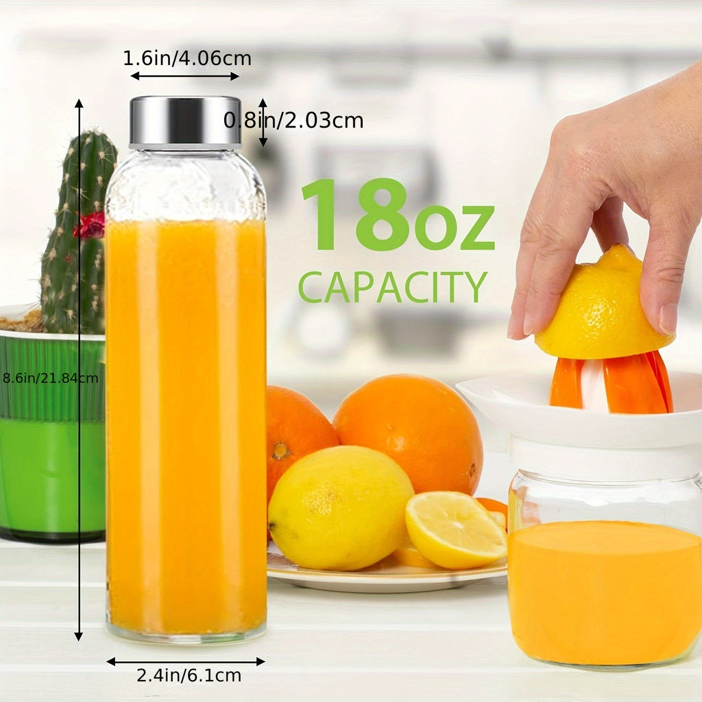 Glass Water Bottles 6 Pack 18oz with Stainless Steel Lids, Reusable Leak Proof Juice Bottles for Refrigerator Smoothies Beverages, BPA Free Glass Juicing Bottles with Cleaning Brush & Funnel