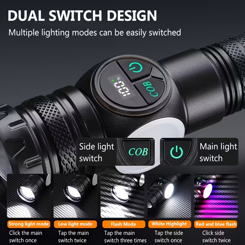 Ultra Bright LED Flashlight 2-Pack High Power COB Side Light USB Fast Charging Zoomable - Multiple Modes for Camping Cycling Fishing Emergency Exploration, Men's Gift
