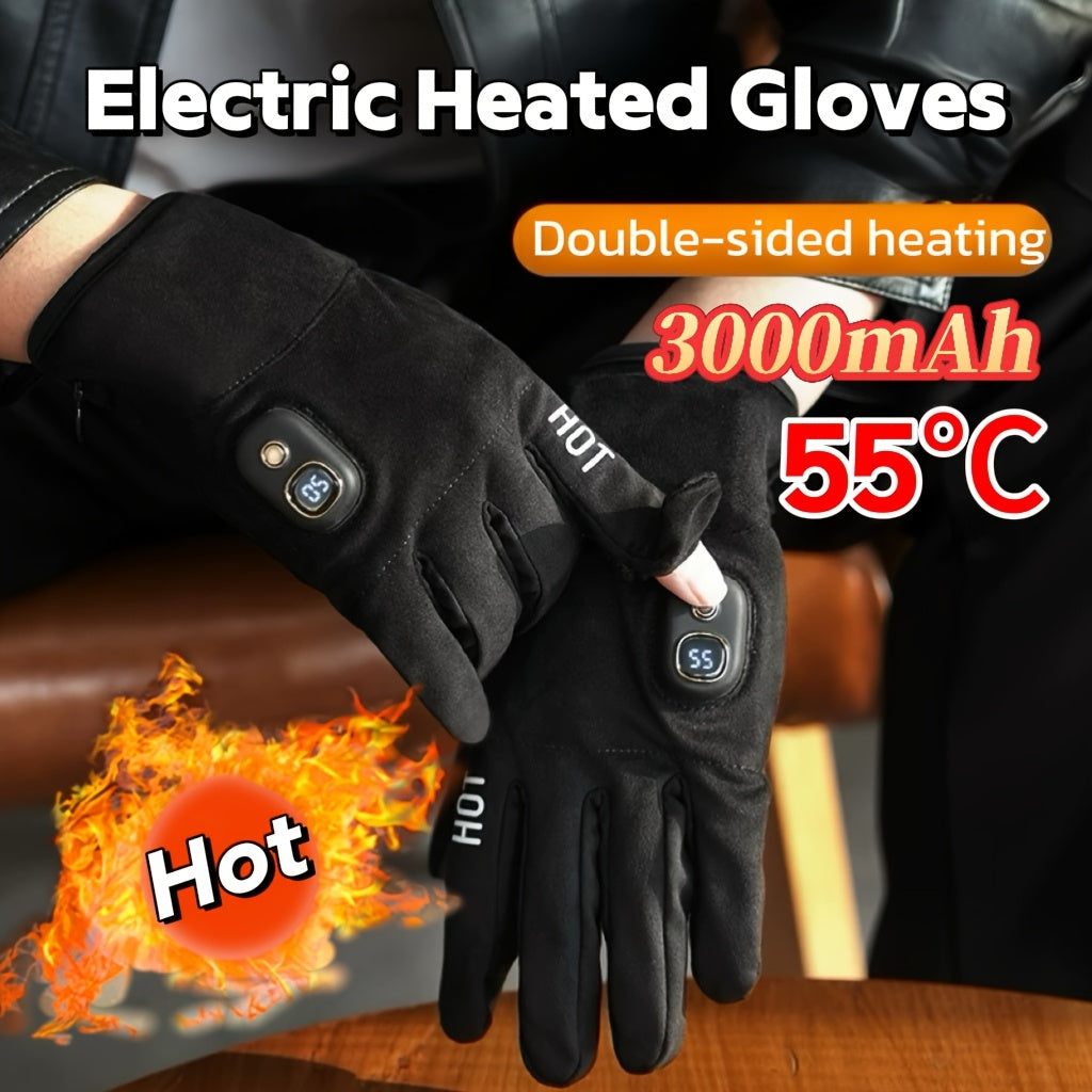 Electric Heated Gloves 3000mAh Rechargeable Hand Warmer Gloves Detachable Fingers 3 Heat Settings Washable Battery Heated Gloves for Cycling Gaming Outdoor Winter Men Women