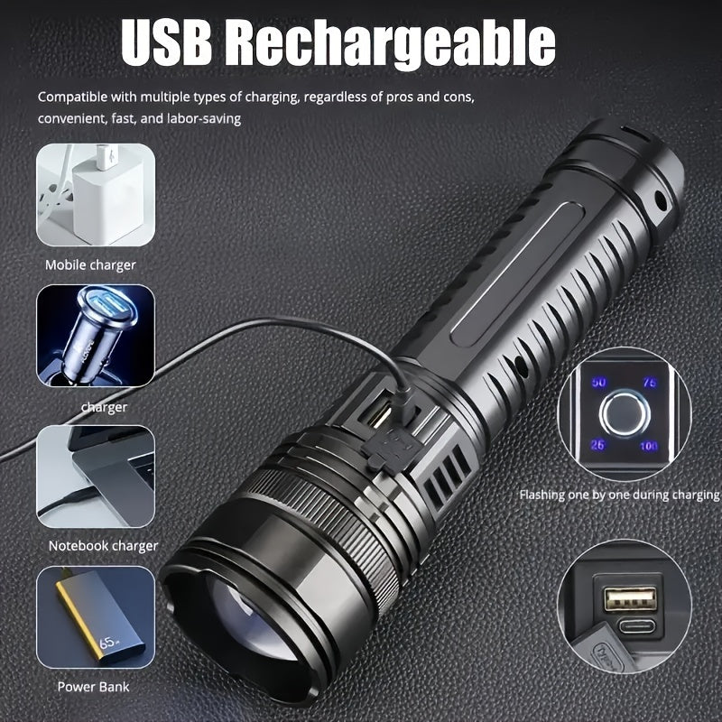 Super Bright COB Flashlight USB Rechargeable with Power Bank – 5 Modes Zoomable Handheld Torch, COB Tail Light, Extra-Large for Camping Hiking Emergency Outdoor Adventures
