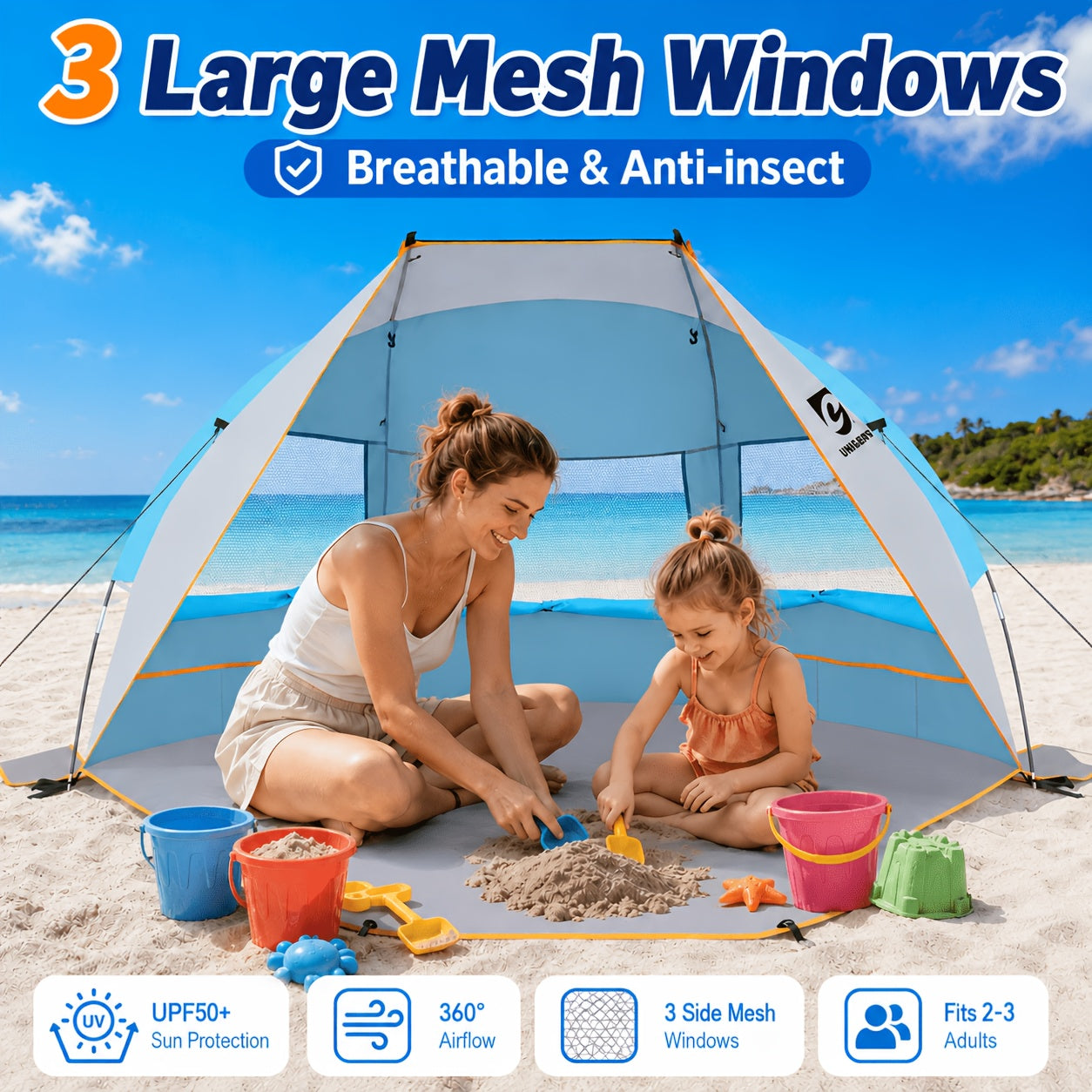 Beach Tent 3 Person UPF 50+ Sun Shelter with Waterproof PE Floor & Mesh Windows – Portable Pop Up Shade Canopy for Camping Fishing Yard