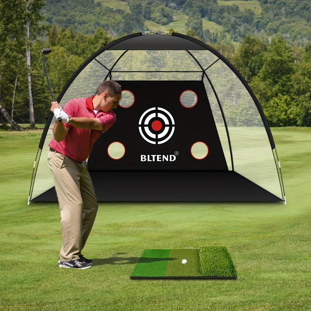 Golf Practice Net with Mat Set 10x7ft – Heavy Duty Backyard Hitting Net with 3-in-1 Turf Mat, Golf Balls & Carry Bag for Indoor & Outdoor Training