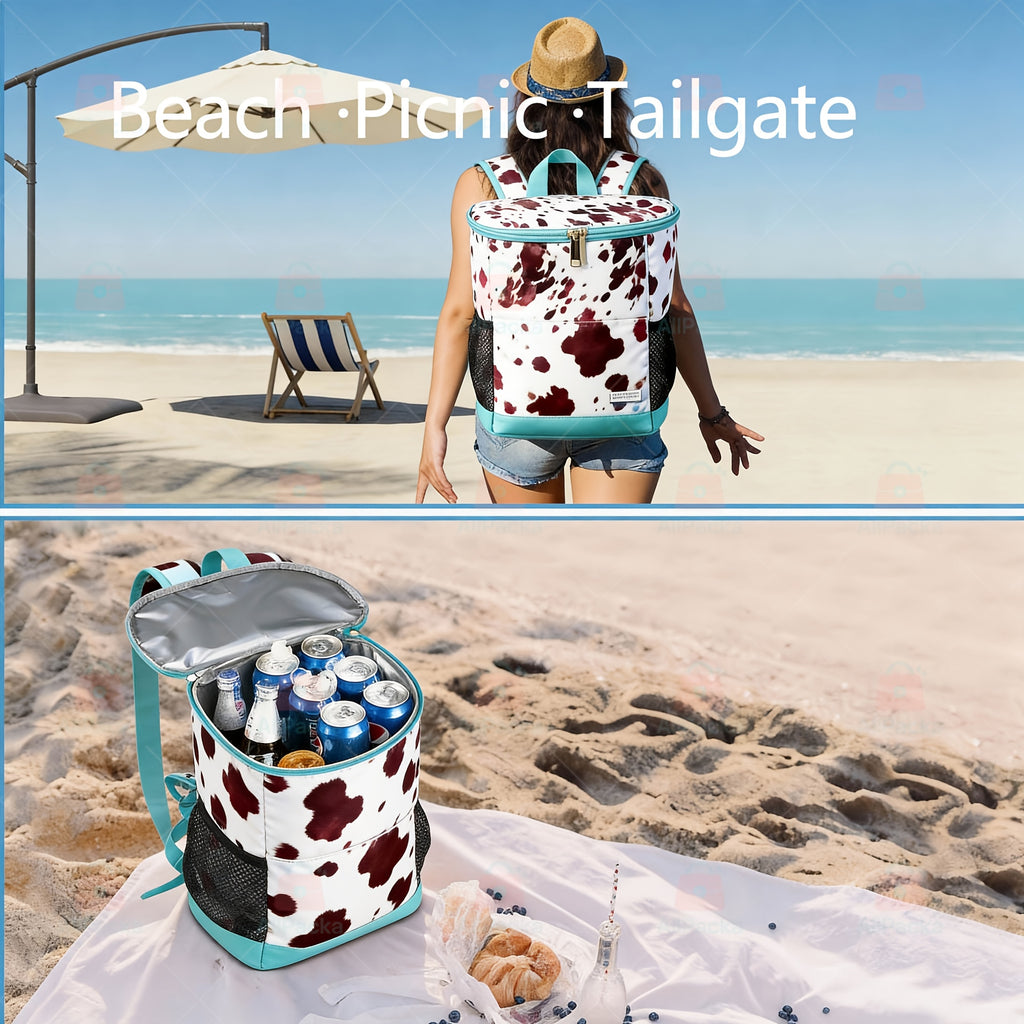 Insulated Cooler Backpack 30-Can Leopard Print Nylon Portable Cooler Bag with Mesh Pockets Adjustable Straps for Beach Camping Picnic Outdoor Travel Daily Use