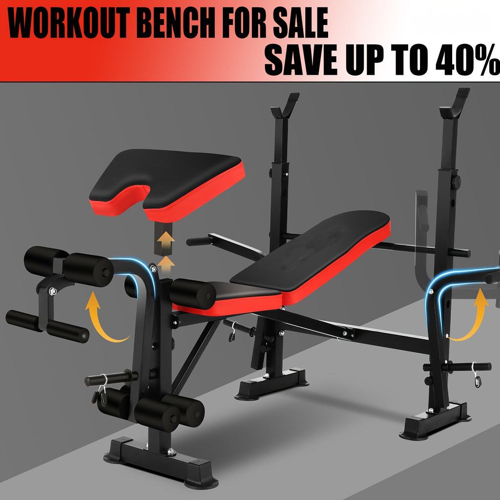 Weight Bench Set with Squat Rack – Adjustable Foldable Workout Bench Press, Leg Developer & Preacher Curl Pad for Home Gym Full Body Training | 800–1200 LBS Capacity | Black, Red, Pink