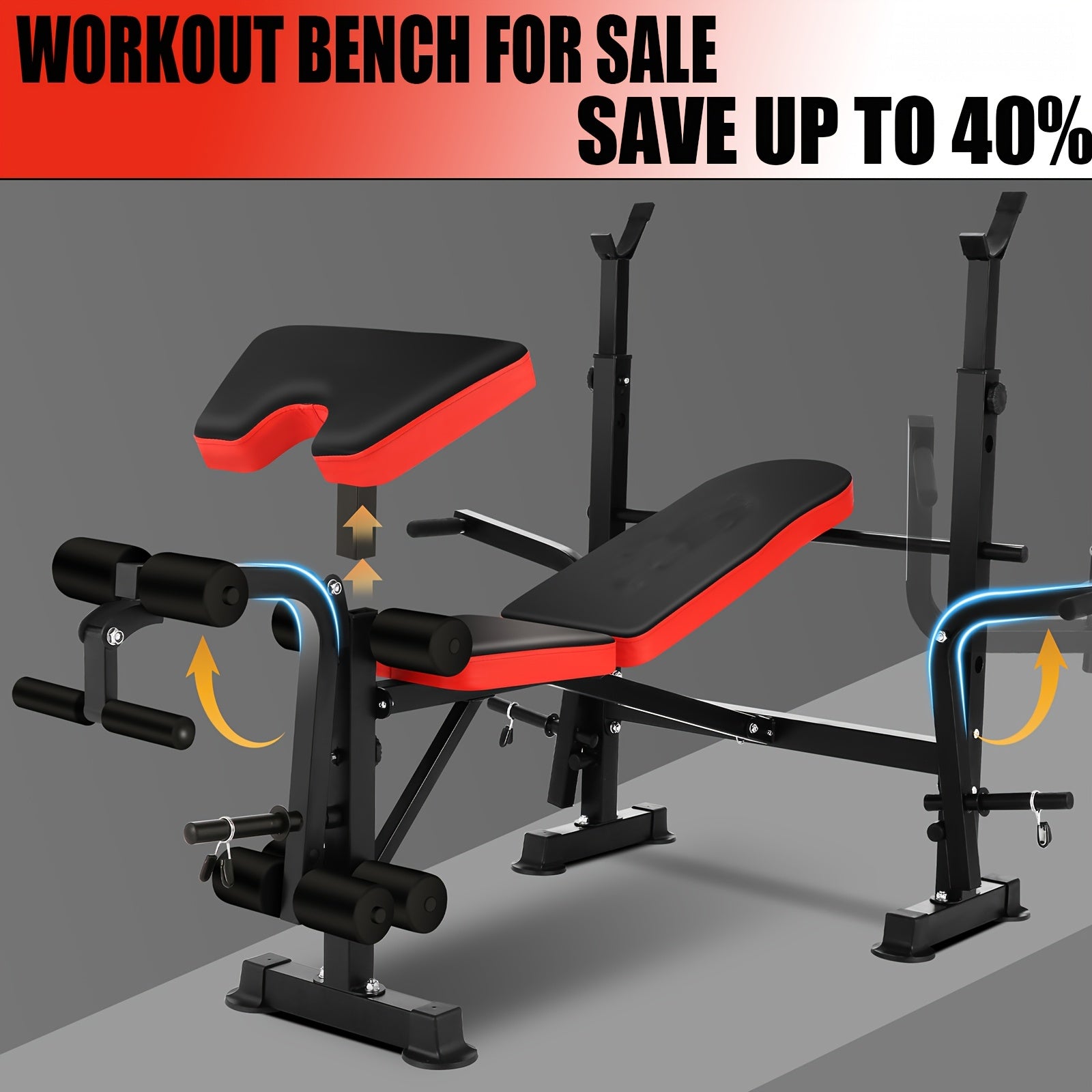 Weight Bench Set with Squat Rack – Adjustable Foldable Workout Bench Press, Leg Developer & Preacher Curl Pad for Home Gym Full Body Training | 800–1200 LBS Capacity | Black, Red, Pink