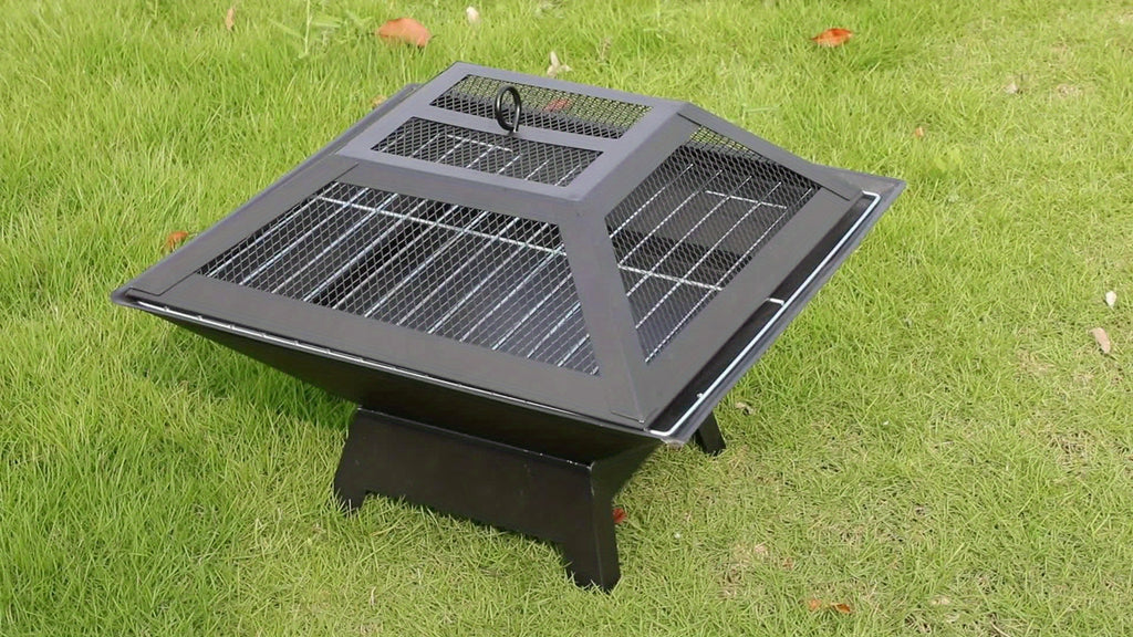 18.5 Inch Outdoor Fire Pit Heavy Duty Iron BBQ Grill with Combustion Grate, Ash Collector, Fireproof Cover & Charcoal Hook - Backyard Wood Burning Fire Bowl for Camping, Picnics, Patio, Thanksgiving