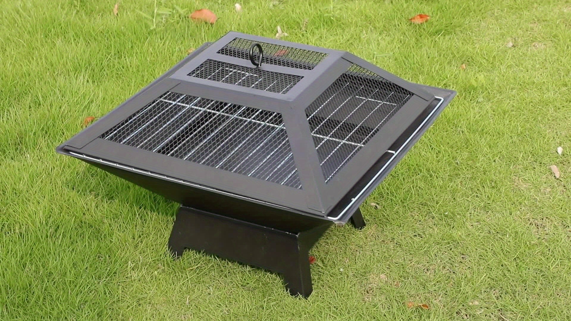 18.5 Inch Outdoor Fire Pit Heavy Duty Iron BBQ Grill with Combustion Grate, Ash Collector, Fireproof Cover & Charcoal Hook - Backyard Wood Burning Fire Bowl for Camping, Picnics, Patio, Thanksgiving