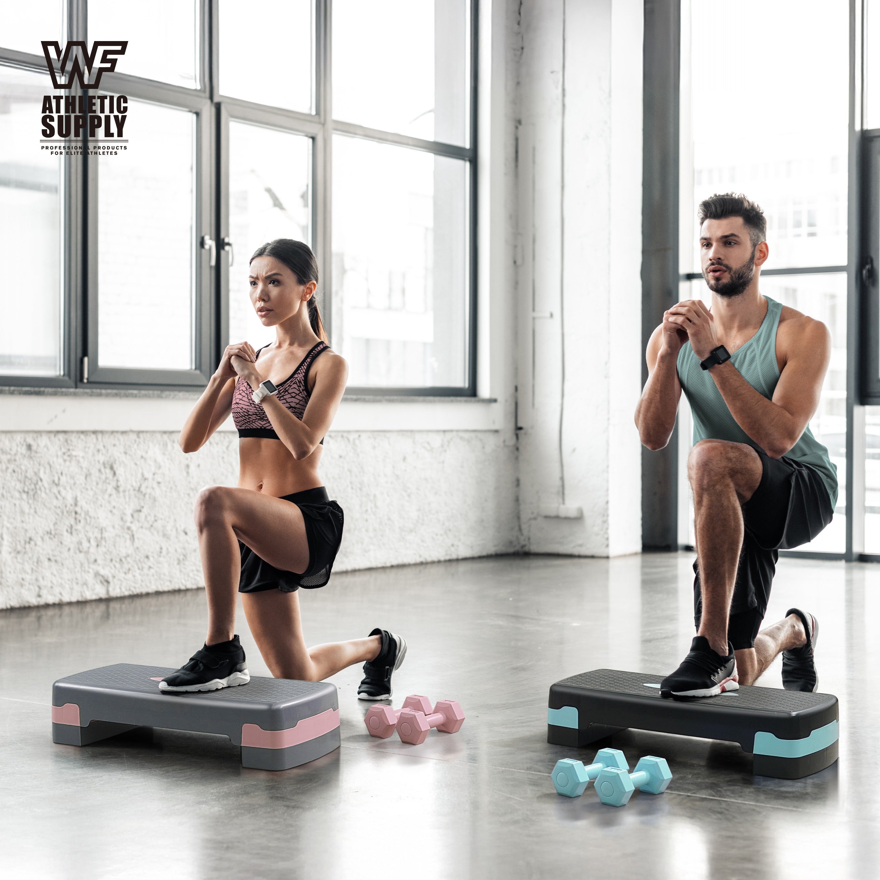 Aerobic Step Platform with Dumbbells Measuring Tape Adjustable Height 2 Level Risers Non-Slip Exercise Stepper Home Gym Workout 550LB Capacity Pink Green Blue