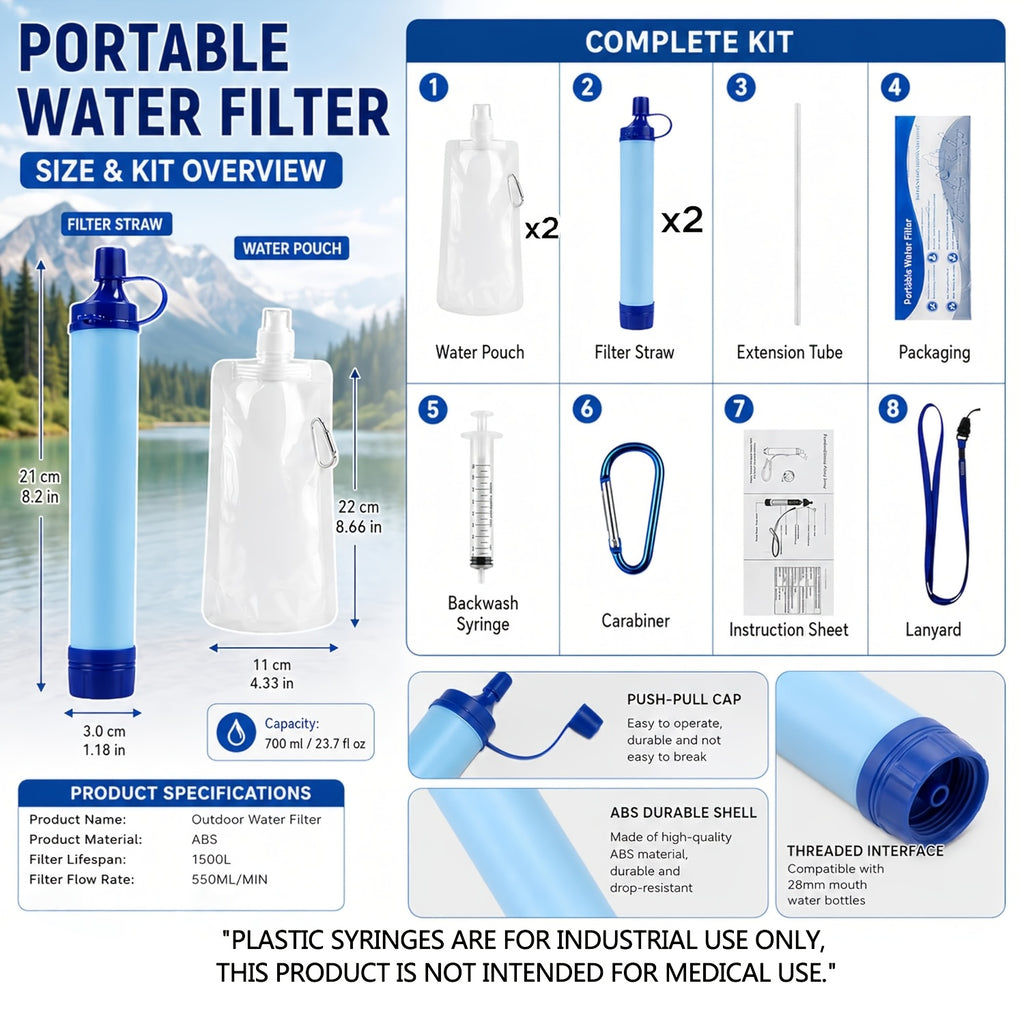 Survival Water Filter Straw 10000 Gallons Portable Personal Water Purifier for Camping Hiking Backpacking Emergency Filtration BPA Free