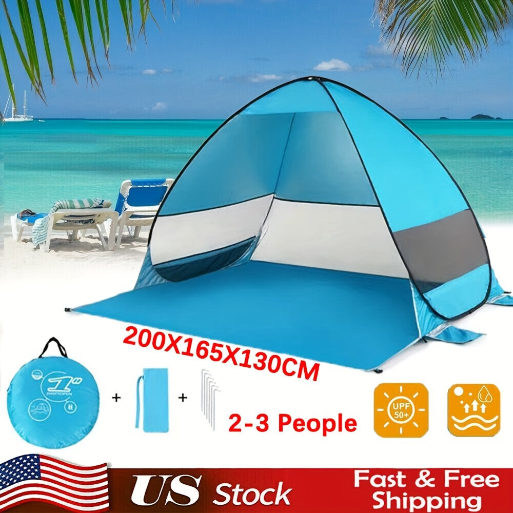 Pop-Up Beach Tent Sun Shade Shelter for 2-3 Person - Anti-UV Portable Camping Canopy with Carry Bag, Fast Setup, Fiberglass Frame, Beige, Blue and Green
