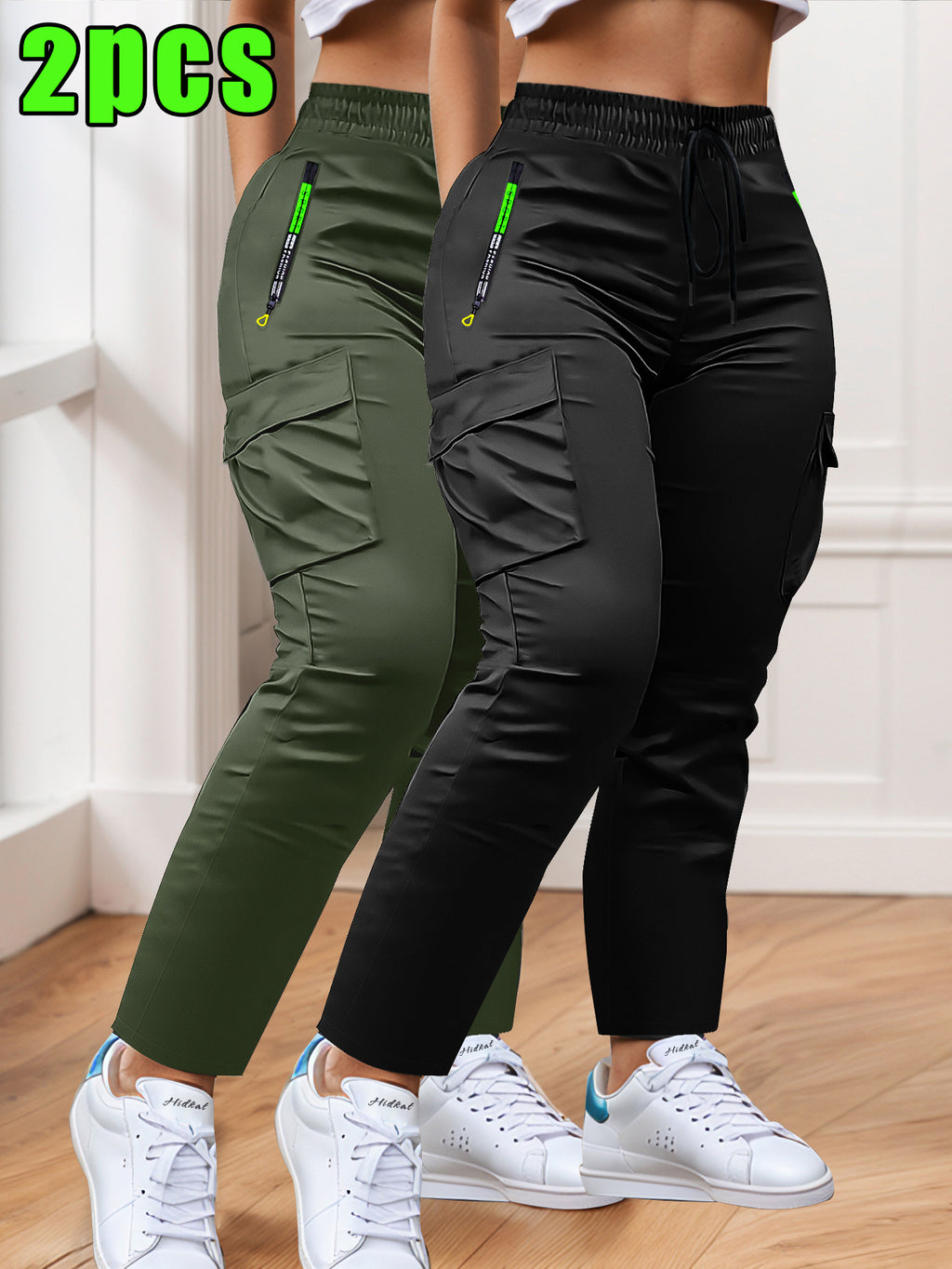 Women's Slim Cargo Pants 2-Pack Multi-Pocket Drawstring Waist Zip Pocket Straight Leg – Casual Trousers for Outdoor Sports Everyday Wear & Dates