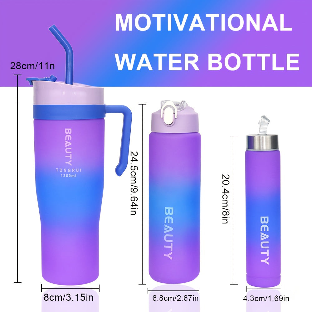 3-Piece Gradient Plastic Water Bottle Set with Straw 1380ml 800ml 280ml – Leakproof Portable Sports Cups for Car Gym Outdoor Fitness Travel