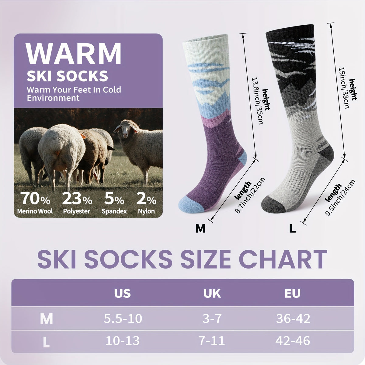 3-Pack Wool Ski Socks Knee High Thermal Winter Socks for Men & Women – Thick Warm Striped Socks for Skiing, Snowboarding & Outdoor Sports, M/L