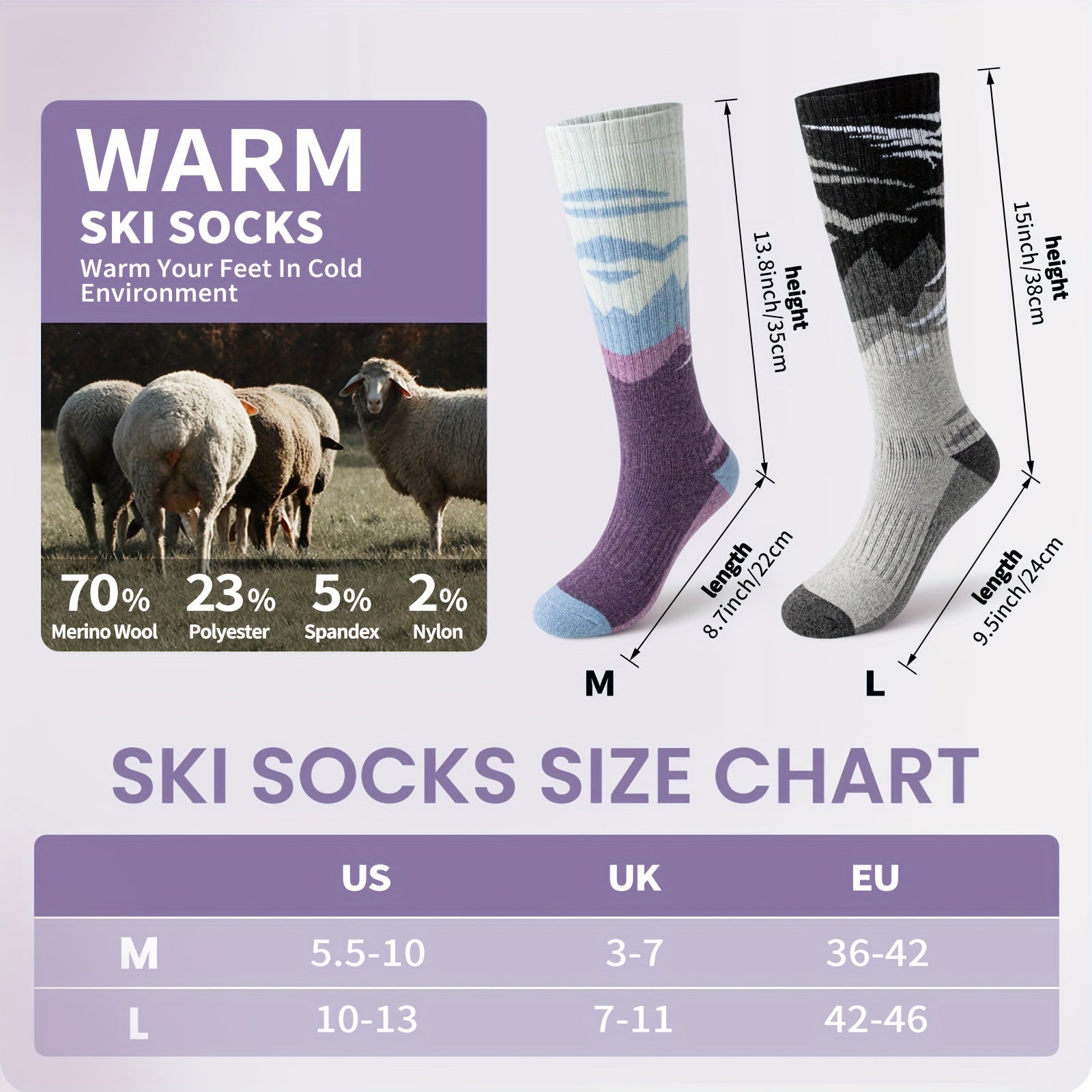 3-Pack Wool Ski Socks Knee High Thermal Winter Socks for Men & Women – Thick Warm Striped Socks for Skiing, Snowboarding & Outdoor Sports, M/L