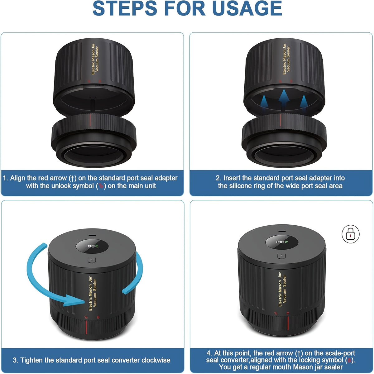 Electric Cordless Vacuum Sealer for Mason Jars Wide Mouth Standard Mouth Food Storage Fermentation Kit Black 1pc 2pcs