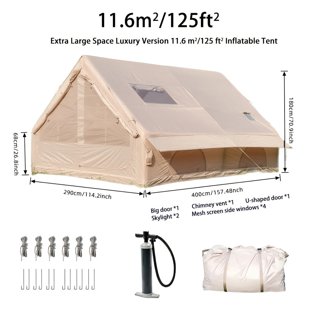Inflatable Glamping Tent for 4-6 Person – 4-Season Large Luxury Air Tent with Optional Skylight & Stove Jack, Manual Pump Included, Windproof Family Camping Shelter (6.3-12 sqm)