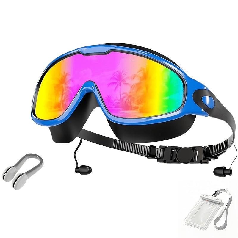 Swimming Goggles Wide View Anti-Fog No-Leak with Mirrored Lens, Earplugs & Nose Clip – UV Protection Swim Goggles for Adults, Men, Women & Youth, Triathlon & Pool