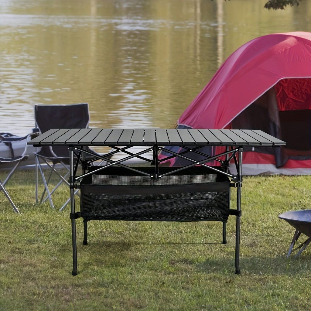 Folding Camping Table Portable Aluminum Height Adjustable with Rolling Wheels – Lightweight Outdoor Table with Mesh Storage Bag & Carry Bag for Camping, Beach, Backyard, BBQ, Patio & Picnic