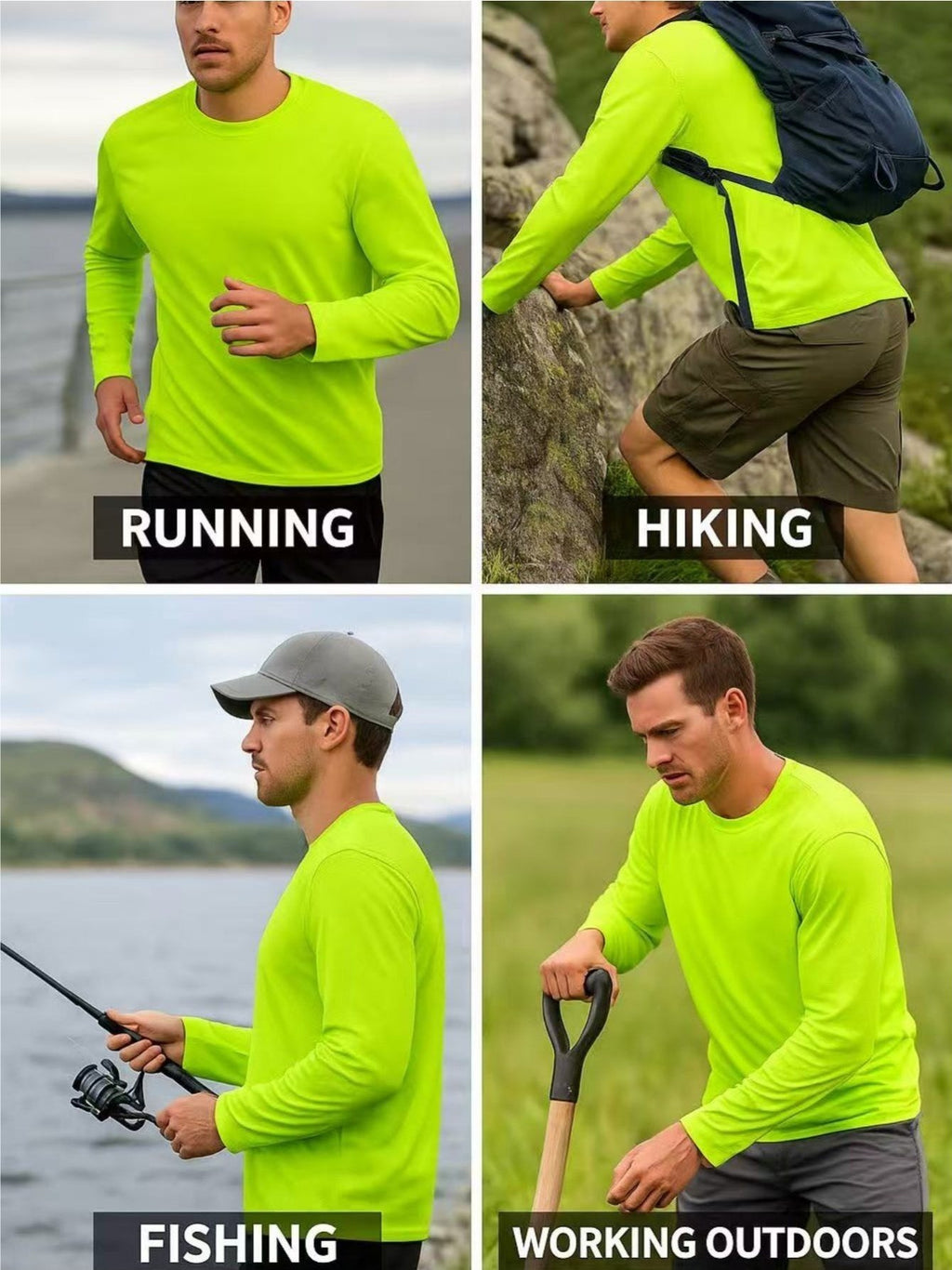 Hi Vis Hooded Work Shirts Men's 4-Pack Long Sleeve UPF 50+ Moisture Wicking Quick Dry - High Visibility Safety Shirts for Construction Fishing Hiking Outdoor S-XXXL