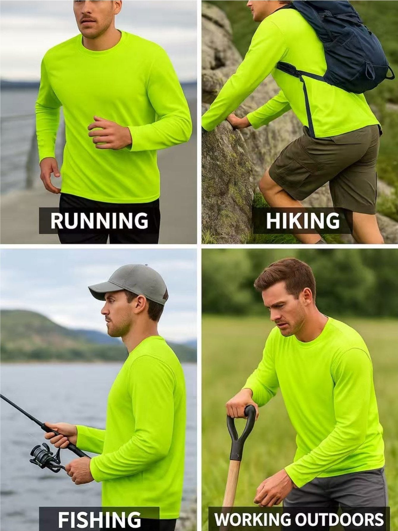 Hi Vis Hooded Work Shirts Men's 4-Pack Long Sleeve UPF 50+ Moisture Wicking Quick Dry - High Visibility Safety Shirts for Construction Fishing Hiking Outdoor S-XXXL