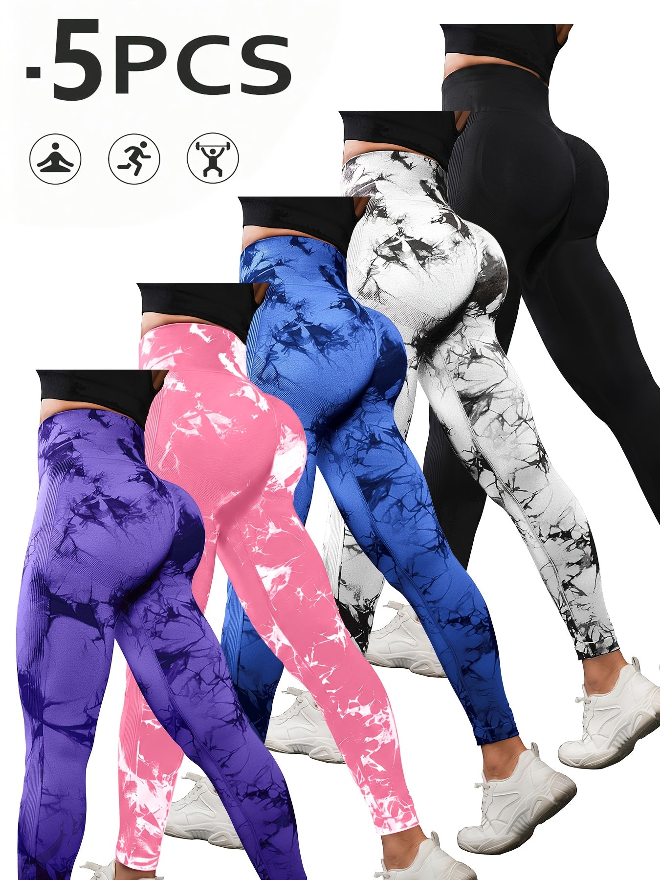 Women's High Waist Leggings 5-Pack Tie Dye Soft Supportive Workout Pants for Running Yoga Gym Pilates Stretch Athletic Tights S M L Multicolor