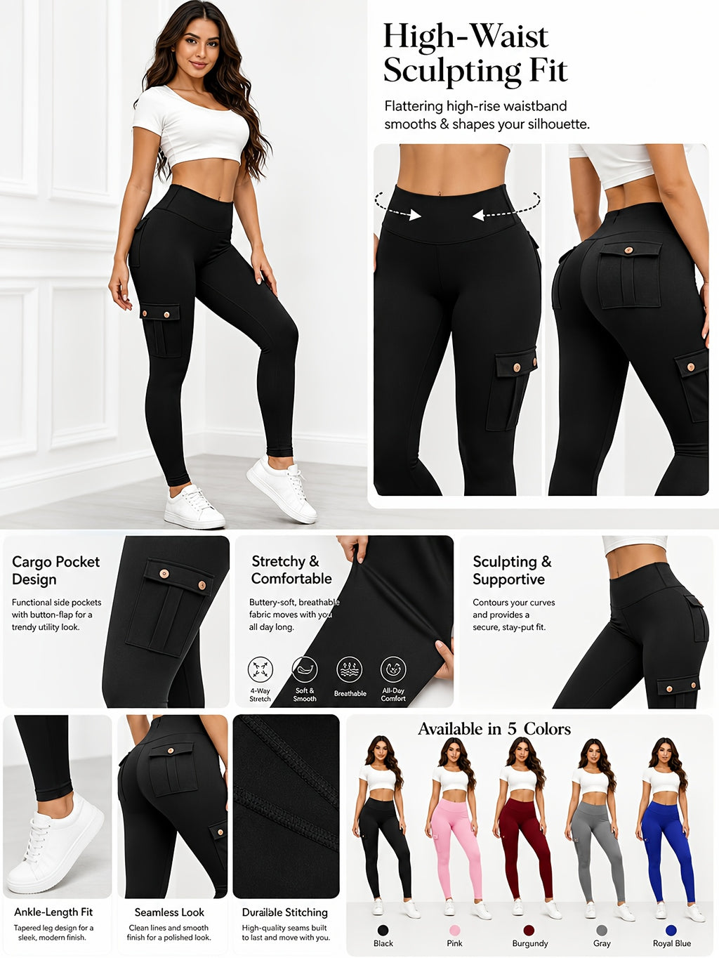 5 Pack Women's High Waist Yoga Leggings with Pockets – Tummy Control, 4-Way Stretch, Slim Fit, Soft & Breathable Workout Leggings for Gym, Running & Daily Wear, M-XXL