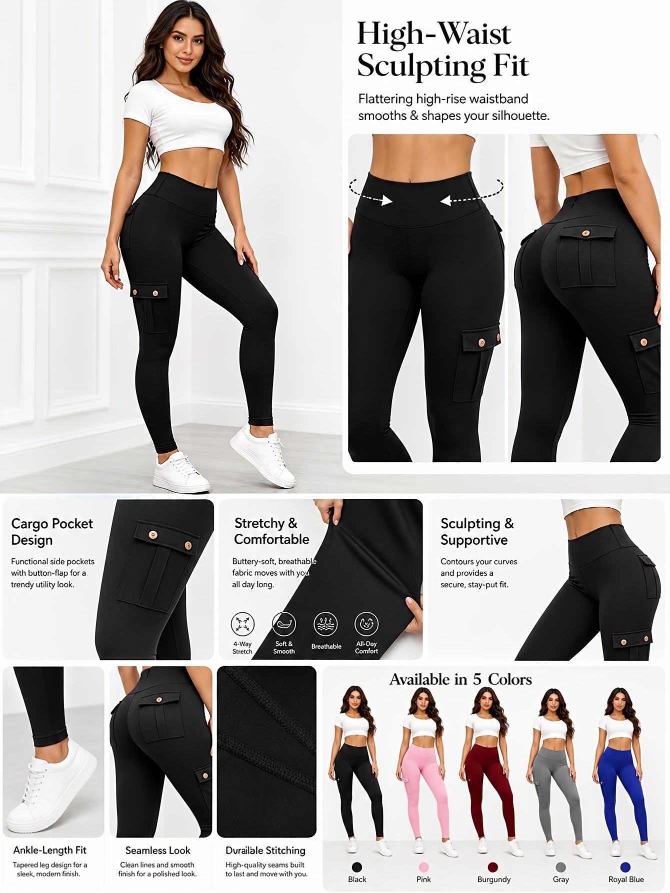 5 Pack Women's High Waist Yoga Leggings with Pockets – Tummy Control, 4-Way Stretch, Slim Fit, Soft & Breathable Workout Leggings for Gym, Running & Daily Wear, M-XXL
