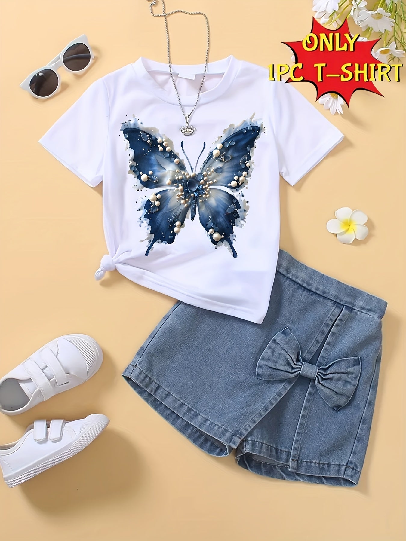 Women's Butterfly Graphic Front Knot T-Shirt – Sparkling Blue Print White Casual Tee for Summer Outings, Vacation, Beach & Everyday Wear | Sizes 3Y–13Y