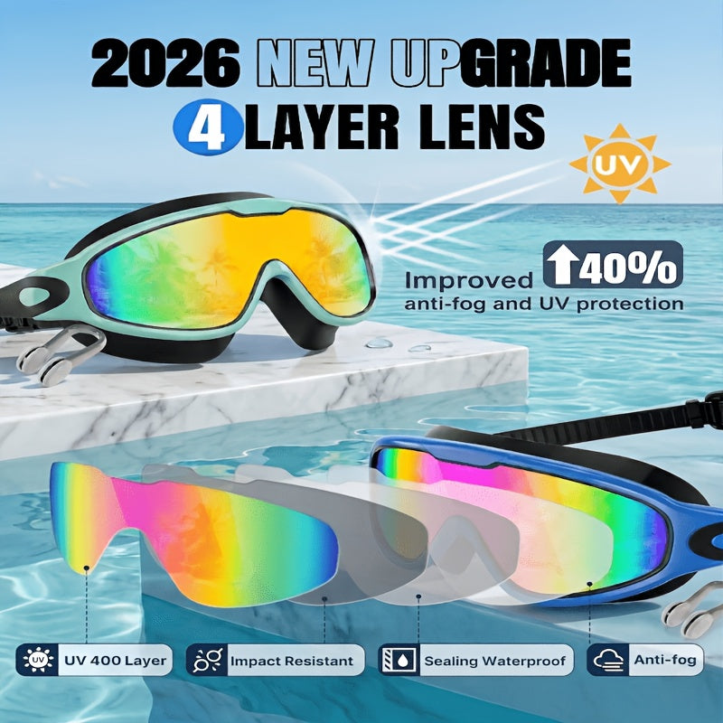 Swimming Goggles Wide View Anti-Fog No-Leak with Mirrored Lens, Earplugs & Nose Clip – UV Protection Swim Goggles for Adults, Men, Women & Youth, Triathlon & Pool