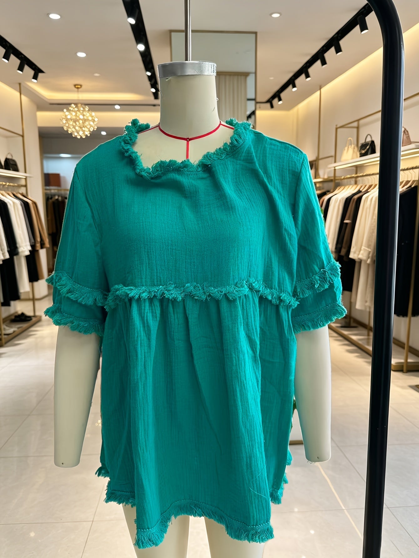 Women's Fringed Trim Short Sleeve Casual Blouse – Soft Knit Crew Neck Top for Summer, Beach & Everyday Wear | Royal Blue, Aquamarine, Sky Blue, Grey, Green (S-XXL)