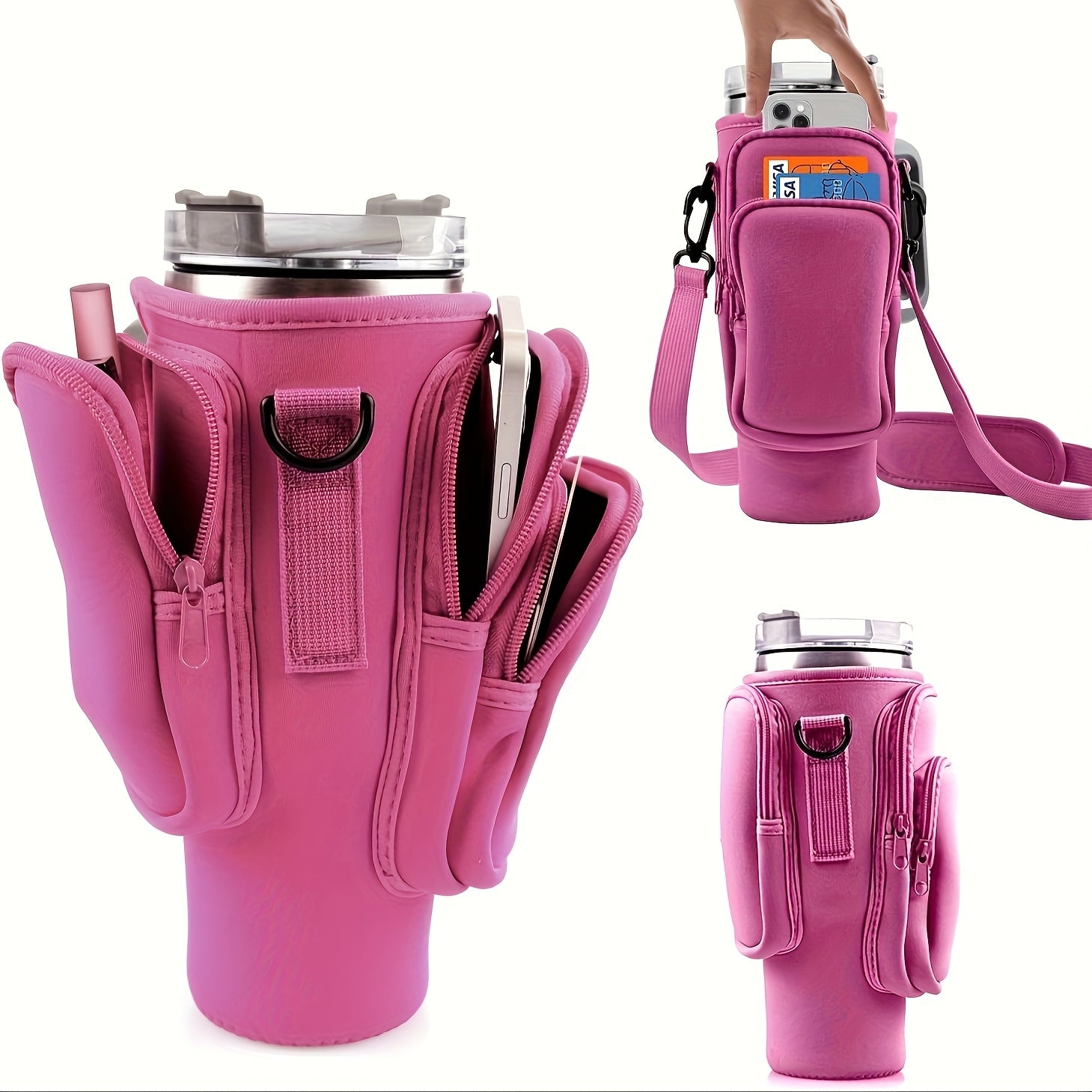 Neoprene Water Bottle Carrier Bag with Phone Pocket for 40oz 30oz Tumbler, 3-Pocket Water Bottle Holder Pouch for Hiking Gym Travel, Fits Stanley Cup Accessories, Father's Day Gift