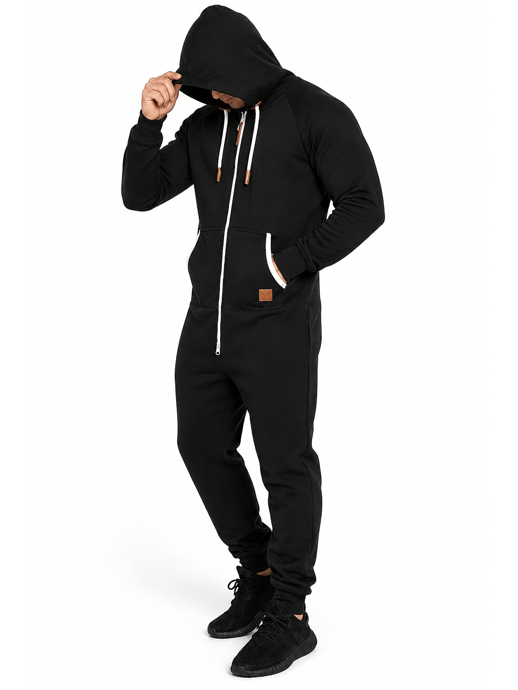Men's Hooded Fleece Lined Jumpsuit Full Zip – Long Sleeve One Piece Romper with Kangaroo Pocket for Casual Sports Travel Fall Winter, Black Fern Green Red, S-XXXL