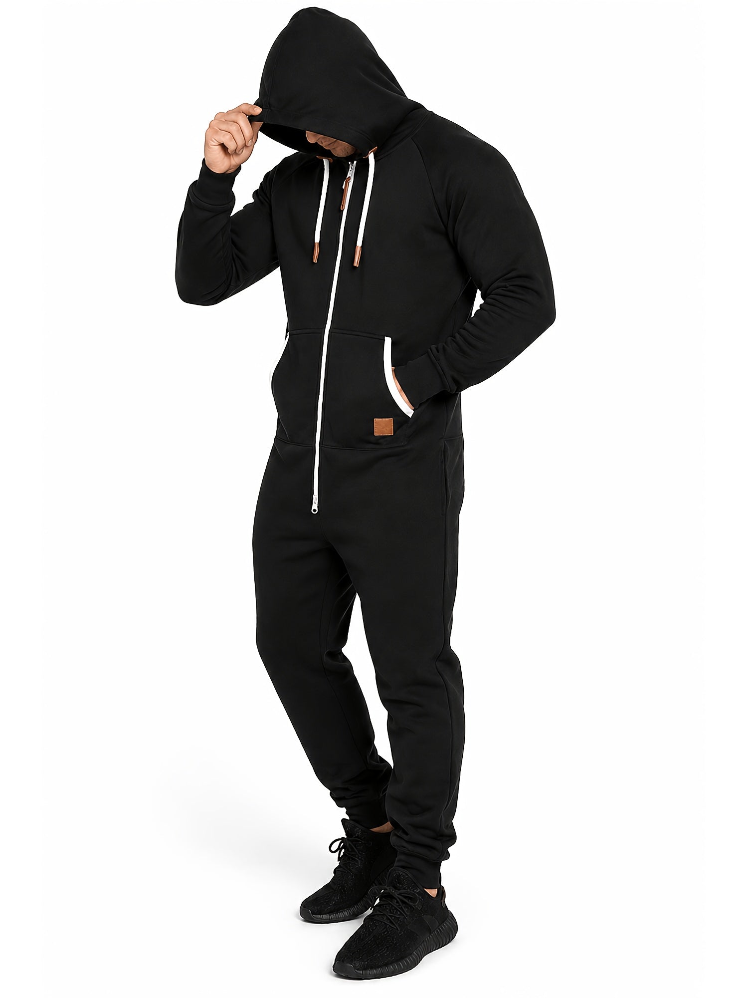 Men's Hooded Fleece Lined Jumpsuit Full Zip – Long Sleeve One Piece Romper with Kangaroo Pocket for Casual Sports Travel Fall Winter, Black Fern Green Red, S-XXXL