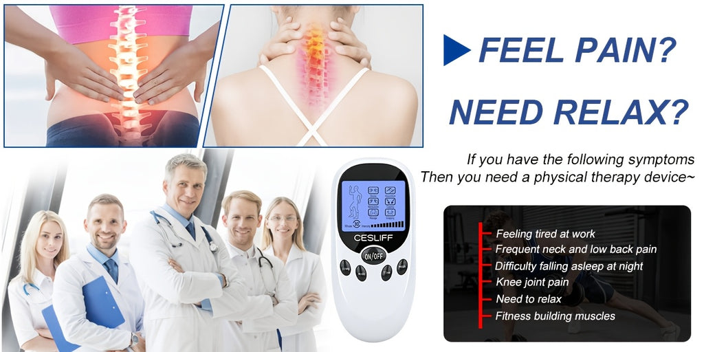 TENS EMS Dual Channel Muscle Relief Pulse Massager - 8 Electrodes, 6 Modes, Pain Relief for Shoulders, Back & Knees, Portable Electric Muscle Stimulator for Recovery & Relaxation